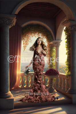 Balcony Digital Backdrop - Open Arched Balcony with Flowers and Curtain - Princess Balcony Digital Background / Backdrop