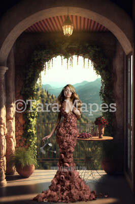 Balcony Digital Backdrop - Open Arched Balcony with Flowers and Curtain - Princess Balcony Digital Background / Backdrop