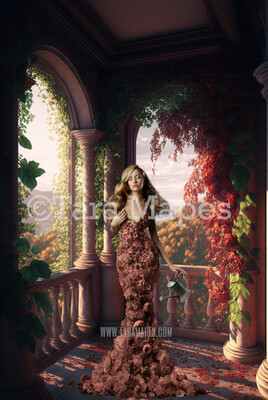 Balcony Digital Backdrop - Open Arched Balcony with Flowers and Curtain - Princess Balcony Digital Background / Backdrop