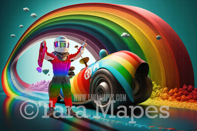 Rainbow Car Racing Digital Backdrop - Video Game Racing Digital - Rainbow Road - Rainbow Car Digital Background