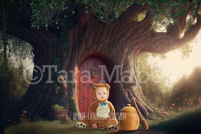 Whimsical Tree with Red Door Digital Backdrop - Tree House Digital Background JPG