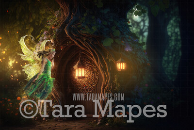 Fairy House Digital Backdrop - Magical Fairy Tree House in Enchanted Forest Digital Background - Fairy Home in Enchanted Forest JPG