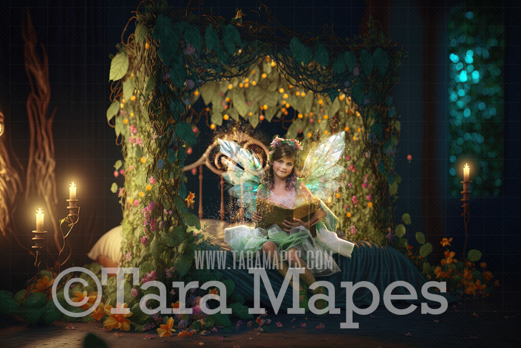Fairy Bed Digital Backdrop - Magical Fairy Bed in Enchanted Forest Digital Background - Bed in Enchanted Forest JPG