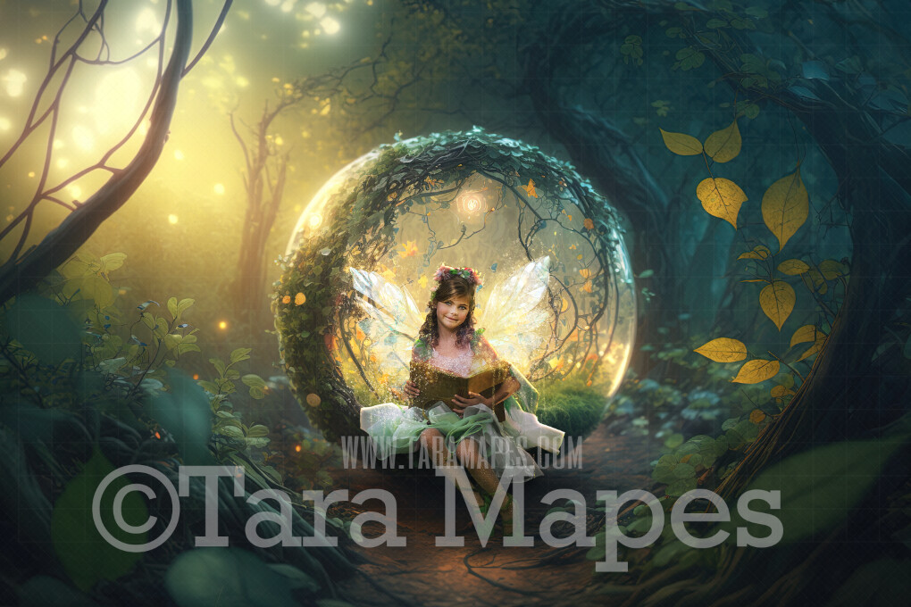 Fairy Home Digital Backdrop - Magical Fairy Orb of Vines in Enchanted Forest Digital Background - Glowing Fairy Ball Home in Enchanted Forest JPG
