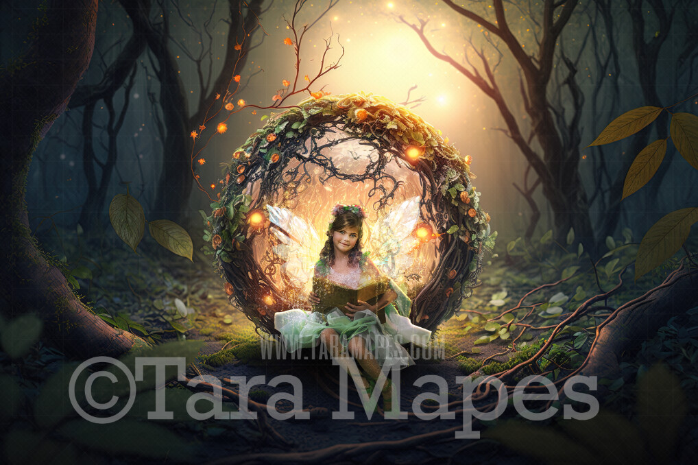 Fairy Home Digital Backdrop - Magical Fairy Orb of Vines in Enchanted Forest Digital Background - Glowing Fairy Ball Home in Enchanted Forest JPG