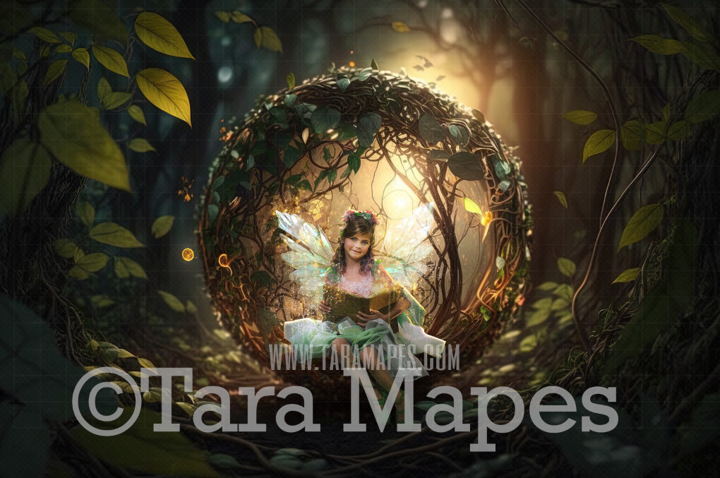 Fairy Home Digital Backdrop - Magical Fairy Orb of Vines in Enchanted Forest Digital Background - Glowing Fairy Ball Home in Enchanted Forest JPG