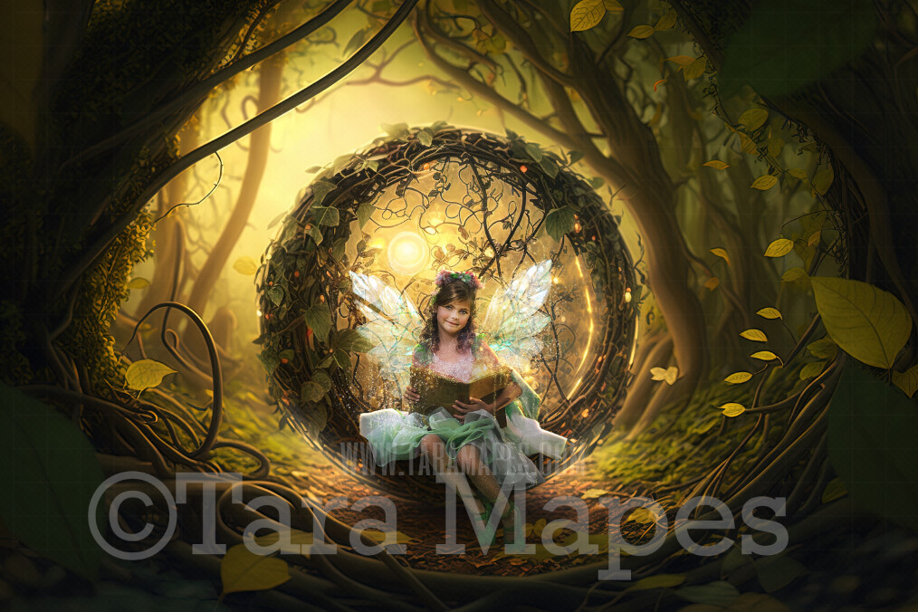 Fairy Home Digital Backdrop - Magical Fairy Orb of Vines in Enchanted Forest Digital Background - Glowing Fairy Ball Home in Enchanted Forest JPG