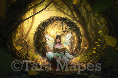 Fairy Home Digital Backdrop - Magical Fairy Orb of Vines in Enchanted Forest Digital Background - Glowing Fairy Ball Home in Enchanted Forest JPG