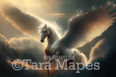 Unicorn Digital Backdrop - Winged Unicorn in Clouds - Fantasy Winged Unicorn -  Unicorn Digital Background JPG