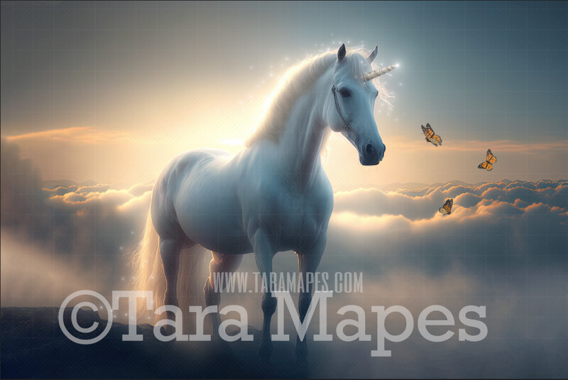 Unicorn Digital Backdrop - Unicorn in Fantasy Clouds - Rainbow Unicorn Digital Background JPG