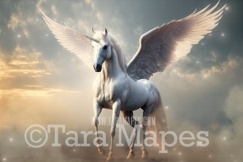 Unicorn Digital Backdrop - Winged Unicorn in Clouds - Fantasy Winged Unicorn -  Unicorn Digital Background JPG