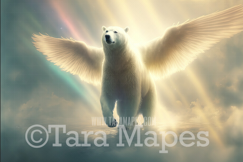 Polar Bear with Wings Digital Backdrop - Winged Polar Bear in Clouds - Fantasy Winged Polar Bear - Polar Bear Digital Background JPG