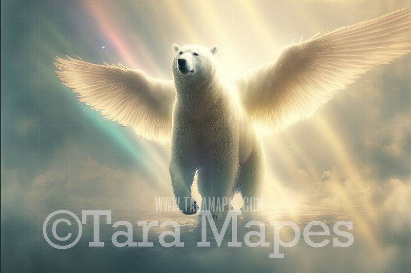Polar Bear with Wings Digital Backdrop - Winged Polar Bear in Clouds - Fantasy Winged Polar Bear -  Polar Bear Digital Background JPG