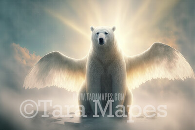 Polar Bear with Wings Digital Backdrop - Winged Polar Bear in Clouds - Fantasy Winged Polar Bear -  Polar Bear Digital Background JPG