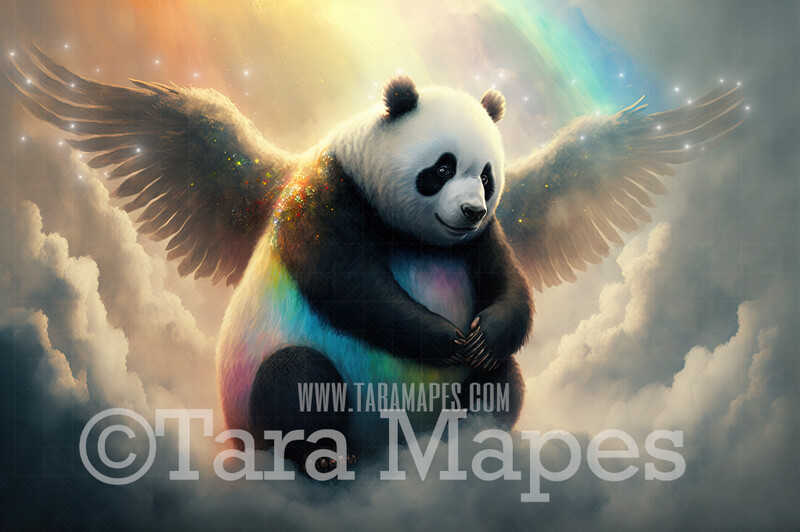 Panda Bear with Wings Digital Backdrop - Winged Panda Bear in Clouds - Fantasy Winged Panda Bear -  Panda Bear Digital Background JPG