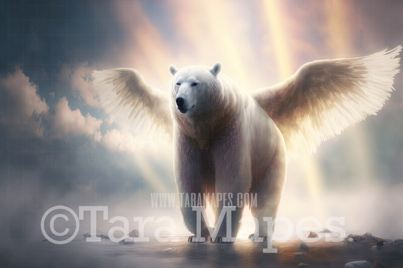 Polar Bear with Wings Digital Backdrop - Winged Polar Bear in Clouds - Fantasy Winged Polar Bear -  Polar Bear Digital Background JPG