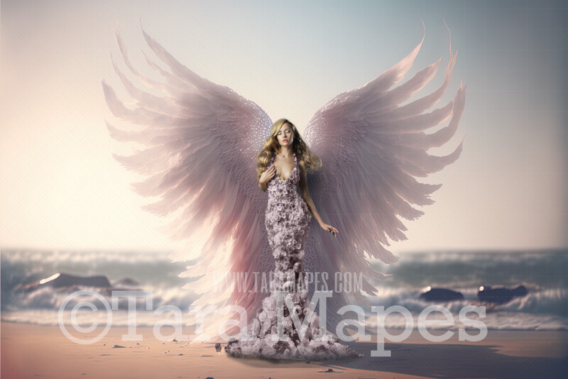 Angel Wings on Beach Backdrop - Beach with Floating Wings - Floating Wings -  Digital Background JPG