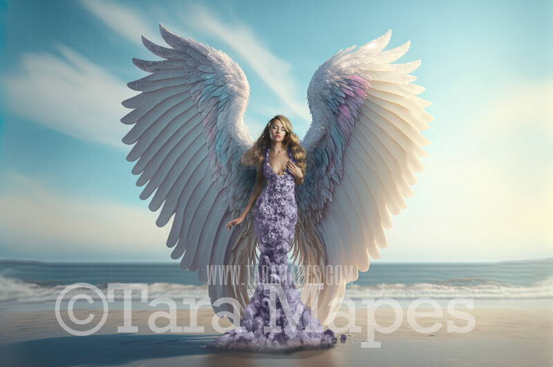 Angel Wings on Beach Digital Backdrop - Beach with Floating Wings - Angel Wings -  Digital Background JPG