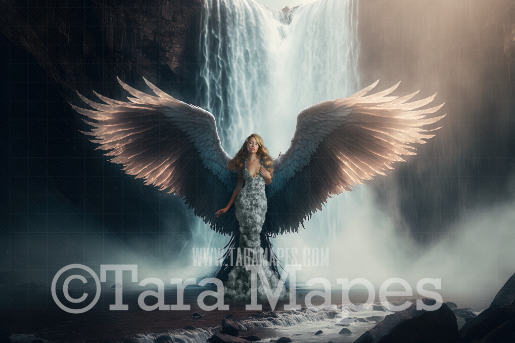 Angel Wings at Waterfall Digital Background (JPG FILE) - Delicate Angel Wings at Dramatic Waterfall - Fairy Wedding Maternity Digital Background