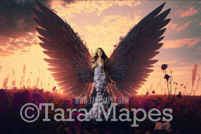 Angel Wings Digital Background (JPG FILE) - Majestic Angel Wings in Field at Sunset - Fairy Wedding Maternity Digital Background