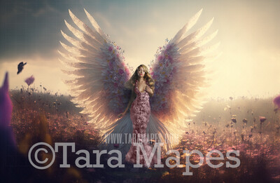 Fairy Digital Background (JPG FILE) - Delicate Glowing Fairy Wings in a Field at Sunset - Fairy Wedding Maternity Digital Background