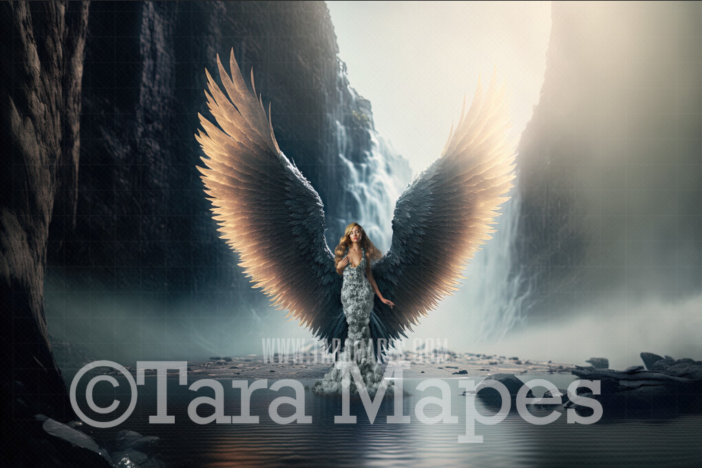 Angel Wings at Waterfall Digital Background (JPG FILE) - Delicate Angel Wings at Dramatic Waterfall - Fairy Wedding Maternity Digital Background