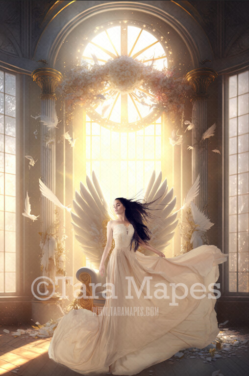 Angel Wing Throne Digital Backdrop - Majestic Angel Wings in Glowing Room with Throne - Fairy Wedding Maternity Digital Background