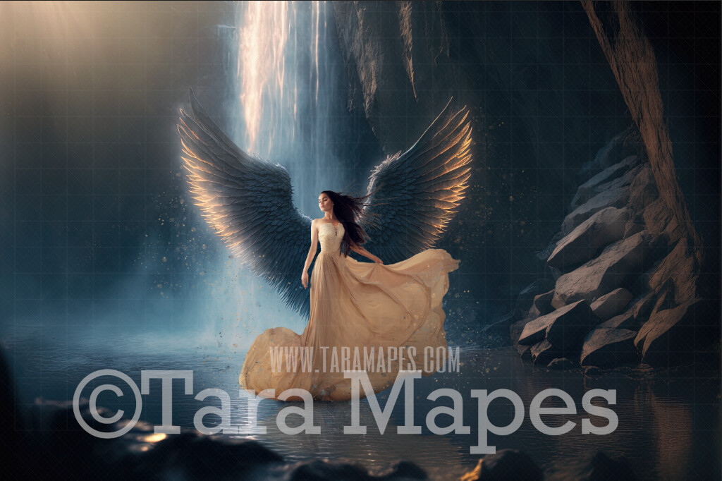 Angel Wings in Waterfall Digital Backdrop - Majestic Angel Wings with Dramatic Waterfall in Background - Wedding Maternity Digital Background