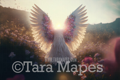 Angel Wings in Field Digital Backdrop - Majestic Angel Wings with Flowers in Field at Sunset - Wedding Maternity Digital Background