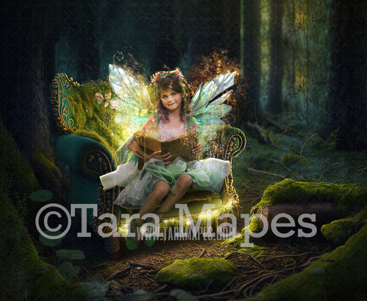 Fairy Couch Digital Backdrop - Magical Fairy Couch in Enchanted Forest Digital Background - Glowing Enchanted Forest JPG