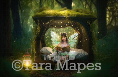 Fairy Bed Digital Backdrop - Magical Fairy Bed in Enchanted Forest Digital Background - Bed in Enchanted Forest JPG
