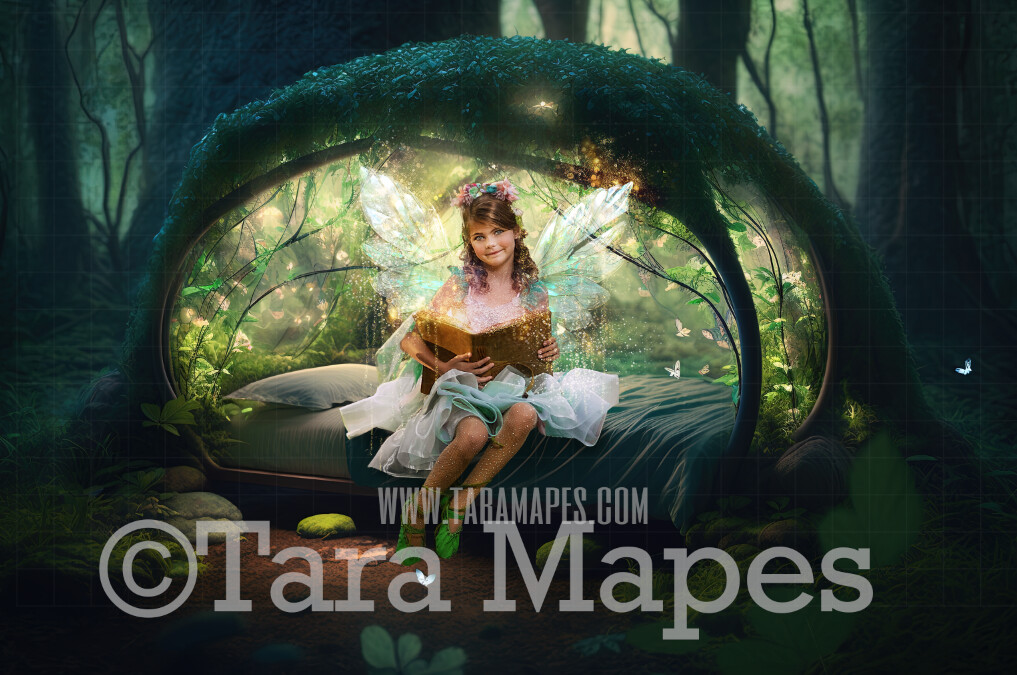 Fairy Bed Digital Backdrop - Magical Fairy Bed in Enchanted Forest Digital Background - Bed in Enchanted Forest JPG