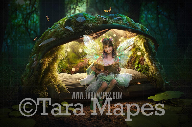 Fairy Bed Digital Backdrop - Magical Fairy Bed in Enchanted Forest Digital Background - Bed in Enchanted Forest JPG