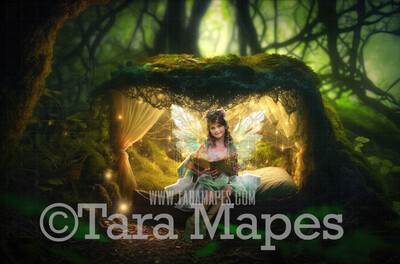 Fairy Bed Digital Backdrop - Magical Fairy Bed in Enchanted Forest Digital Background - Bed in Enchanted Forest JPG