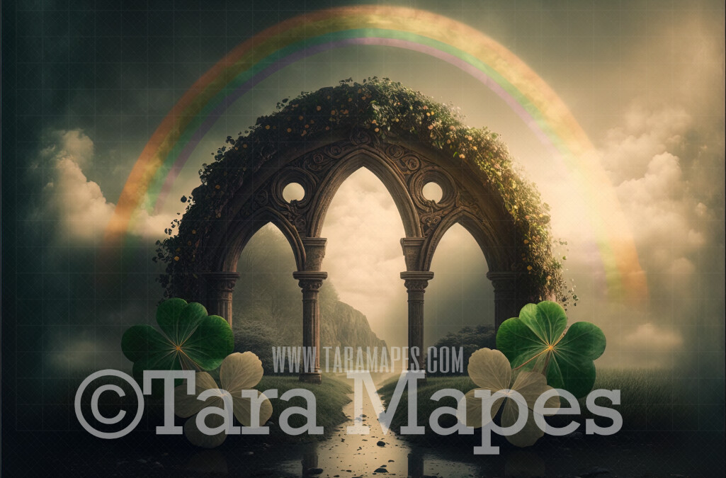 St Patricks Day Digital Backdrop - St Paddys Digital Background - Arch of Clovers and Flowers with Rainbow - Irish Digital Background JPG