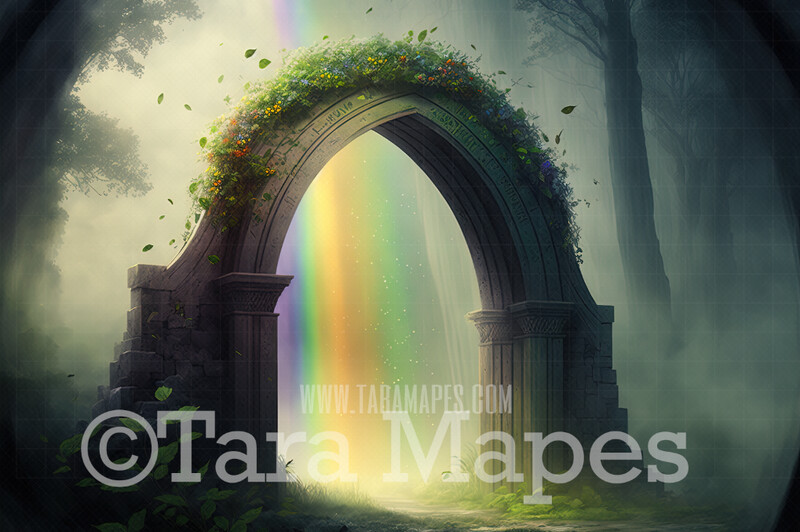 St Patricks Day Digital Backdrop - St Paddys Digital Background - Arch of Clovers and Flowers with Rainbow - Irish Digital Background JPG