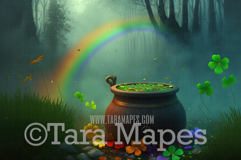 St Patricks Day Digital Backdrop - St Paddys Digital Background - Pot of Gold and Rainbow - Irish Digital Background JPG