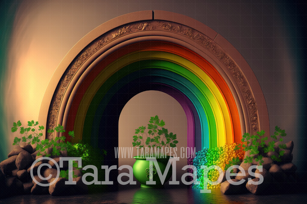 St Patricks Day Digital Backdrop - St Paddys Digital Background - Arch of Clovers and Flowers with Rainbow and Pot of Gold - Irish Digital Background JPG