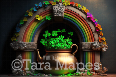 St Patricks Day Digital Backdrop - St Paddys Digital Background - Arch of Clovers and Flowers with Rainbow and Pot of Gold - Irish Digital Background JPG