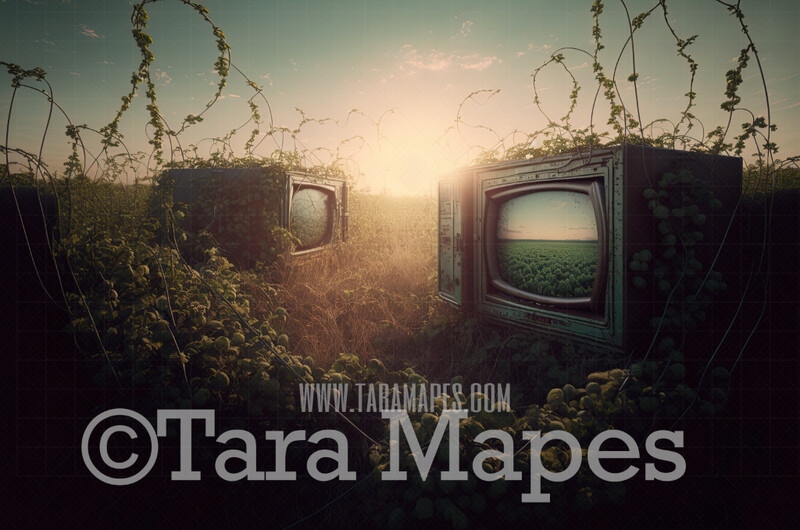 Abandoned Vintage Televisions Digital Backdrop - Old Televisions in Field - Forgotten Things - Overgrown Field Digital Background