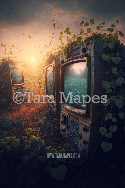 Abandoned Televisions in Field - Forgotten Things - Overgrown Field Digital Background