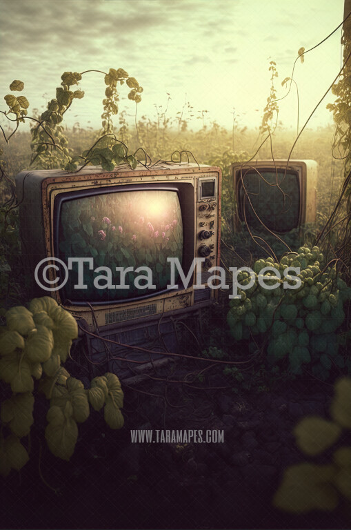 Abandoned Vintage Televisions in Field - Forgotten Things - Overgrown Field Digital Background