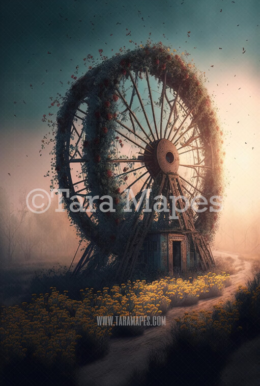 Abandoned Ferris Wheel Digital Backdrop - Old Ferris Wheel Covered in Flowers - Forgotten Carnival- Overgrown Field Digital Background
