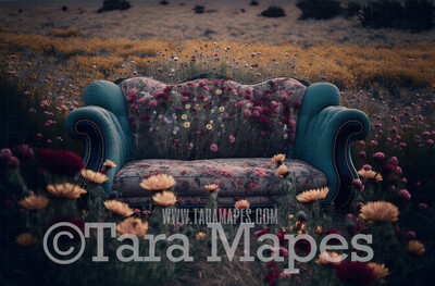 Abandoned Couch in Field Digital Backdrop - Vintage Couch in Old Field of Flowers - Overgrown Field Digital Background