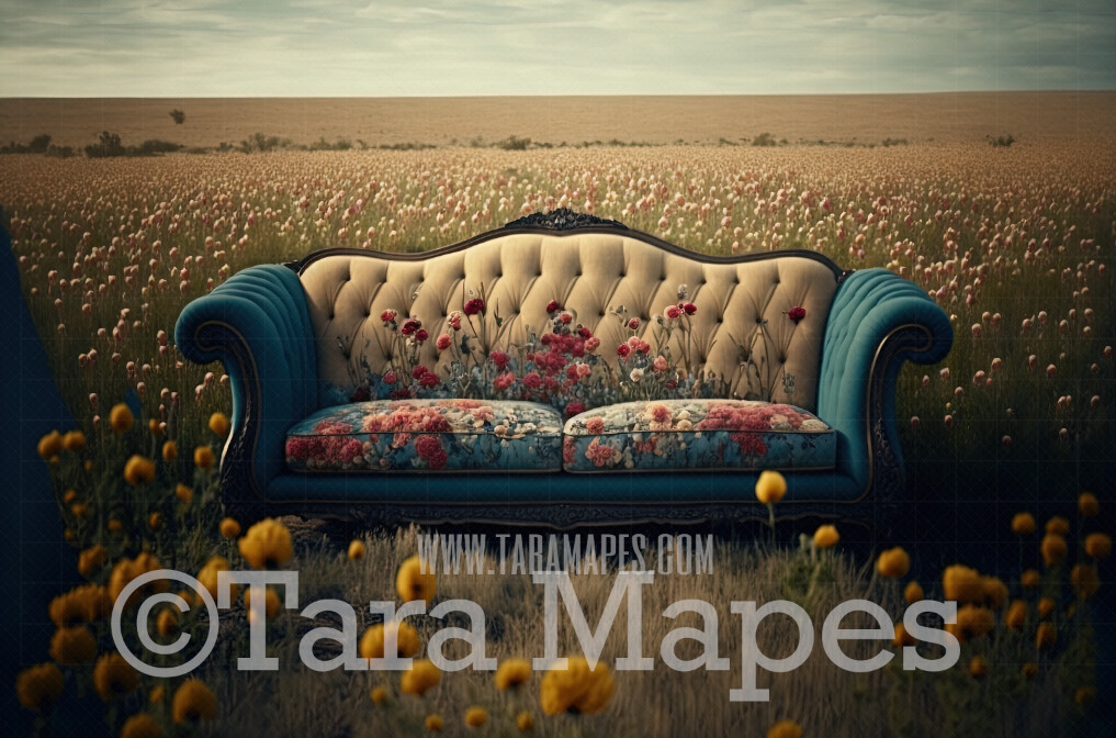 Abandoned Couch in Field Digital Backdrop - Vintage Couch in Old Field of Flowers - Overgrown Field Digital Background