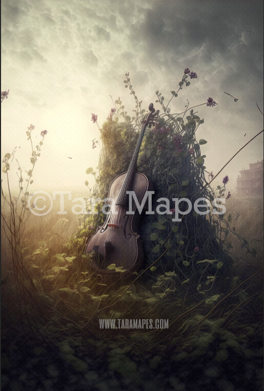 Abandoned Violins in Field Digital Backdrop - Old Violins in Field of Flowers - Forgotten Music Instruments - Overgrown Field Digital Background