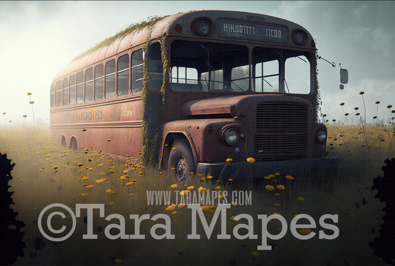 Abandoned School Bus Digital Backdrop - Old Bus in Field - Forgotten Things - Overgrown Field Digital Background