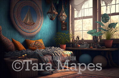 Boho Room Digital Backdrop - Retro Bedroom Background JPG