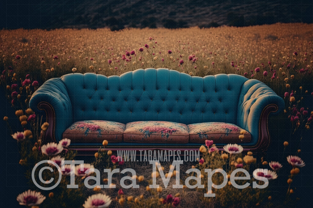 Abandoned Couch in Field Digital Backdrop - Vintage Couch in Old Field of Flowers - Overgrown Field Digital Background