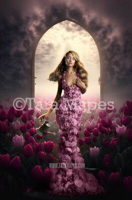 Arch Leading to Field of Tulips Digital Backdrop - Path in Field of Tulips - Flower Field Arch - Tulips  Digital Background - JPG
